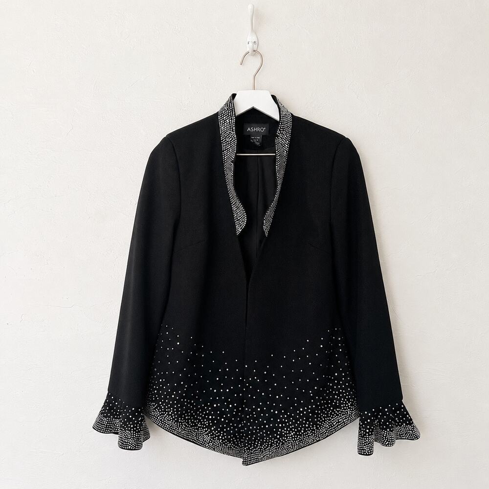 Ashro Black Rhinestone Glam Tailcoat Tuxedo Statement Blazer Jacket Small